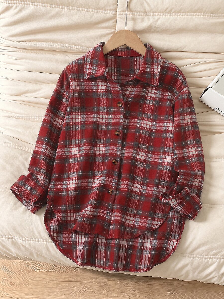 SHEIN 女童時尚休閒寬鬆慵懶長袖中長版襯衫，適合日常穿著、上學、外出、派對、演唱會 - 酒紅色 - 查看 1