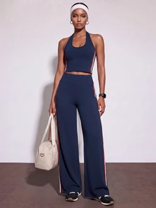 Zivah Women's Halter Neck Colorblock Striped Top And Loose Pants Sports Set - Multicolor - View 1