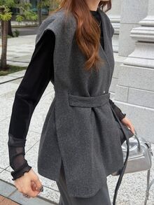 FRIFUL Women's Elegant Casual Grey V-Neck Tie Waist Vest Office Formal Black Winter - Grey - View 7