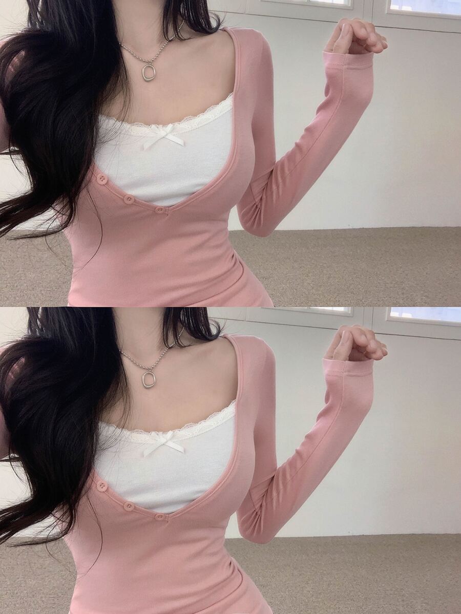 DAZY Patchwork Contrast Color 2 In 1 Slim Fit Long Sleeve Casual Vacation Korean Style Girl Spring Autumn Top Women T-Shirt - Pink - View 1