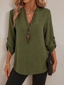 EMERY ROSE Women's Spring All-Over Print Notch Collar 3/4 Sleeve Work Shirt - Dark Green - View 7