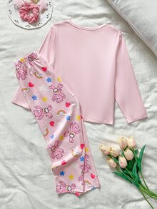 SHEIN X Care Bears GraphicGems 秋冬女童幼兒 2 件套聯名款可愛卡通愛心彩虹熊印花柔軟舒適阻燃牛奶絲面料休閒寬鬆長袖居家服褲裝 - 粉色 - 查看 2