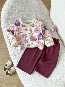 SHEIN 2件組幼女衛衣長褲套裝，可愛酒紅粉色花朵蝴蝶印花，長袖圓領加厚，適合戶外玩耍、秋季假期，毛絨材質 - 彩色 - 查看 7