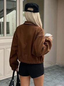 Livesso Women's Fashion Street Maillard Drop Shoulder Jacket - Brown - View 2