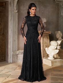 Aureia Elegant Romantic Fashionable Graceful Lace Fabric Cup Pleated Decoration Pleated Hem Super Full Skirt Elegant Party Dress Wedding Guest Dress Bachelorette Party Dress Formal Evening Gown - Black - View 1