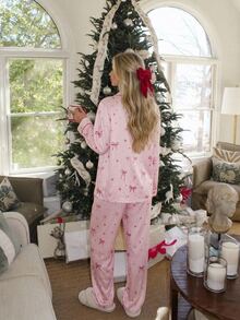 Livesso Women's Bow Print Single-Breasted Long Sleeve Top And Pants Pajama Set - Pink - View 2