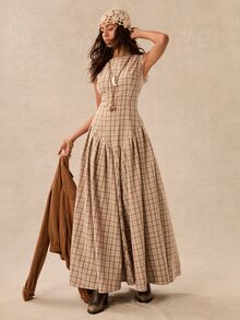 Easelle Women's Plaid Pattern Sleeveless Ruffle Hem Fitted Round Neck Elegant Boho Casual Long Dress Vacation Beige Summer Brunch - Multicolor - View 4