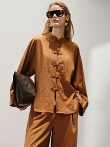 Aveloria Modichic Women's Set Loose Wide Leg Satin Textured Chinese Stand Collar Frog Button Elegant Brown Solid Elegant Women's Set National Day - Coffee Brown - View 6