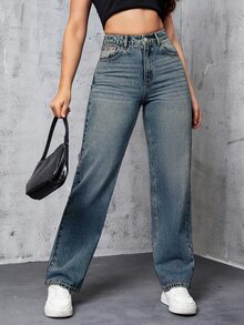 SHEIN EZwear 女款街頭風鈕扣口袋牛仔長褲，適合日常穿著 - Fresh Green - 查看 3