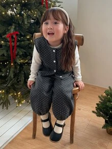 DAZY Infant/Toddler (Girl) Round Neck Polka Dot Casual Layered Korean Style Vibe Jacket Set - Grey - View 7