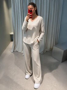 SHEIN BASICS Women's Solid Color V-Neck Long Sleeve Top And Pants Casual Daily 2 Pieces Set - Apricot - View 7