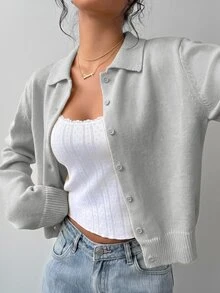 SHEIN BASICS 休閒素色長袖寬鬆短版女款針織開襟衫 秋季外套 返校季 校園風 淡黃色 教師 辦公室 日常穿搭 - 淺灰色 - 查看 1
