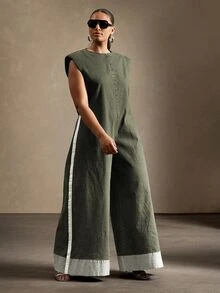 Vixey Plus Size Women's Round Neck Padded Shoulder Wide Leg Loose Casual Denim Jumpsuit, Fall/Winter - Olive Green - View 2