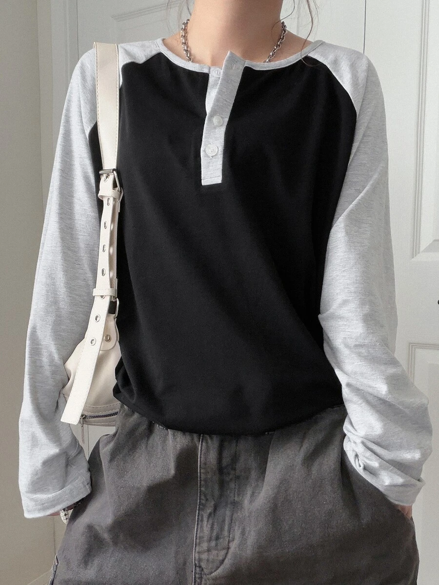 FRIFUL Women's Colorblock Round Neck Button Loose Long Sleeve T-Shirt Everyday School Black Autumn Casual - Grey - View 1