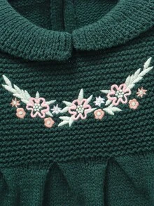 SHEIN 粉色嬰兒針織連身衣，精緻刺繡彼得潘領，連腳連身褲 3 件套，帽子 + 編織毯，新生兒套裝 - 墨綠色 - 查看 6