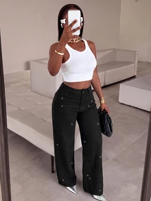 Slaydiva Women's Loose Wide Leg Shiny Casual Denim Jeans With Pockets - Black - View 4