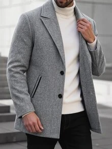Manfinity Mode Men's Light Gray Mid-Length Wool Coat With A Notched Lapel, Single-Breasted Design With Two Buttons, Simple Cut, Slanted Pockets, Versatile Wool Coat For Autumn And Winter, Suitable For Both Business And Casual Occasions. - Light Grey - View 1
