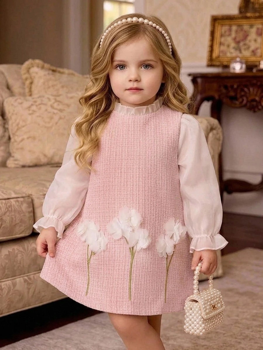 Baby Girl Cute Pink 3D Floral Sleeveless Dress - Pink - View 1