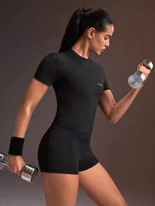 Powerista Women's Brown Graphic Print Black Short Sleeve Tight Shorts Sports Set(Suitable For Jogging And Workout) - Black - View 5