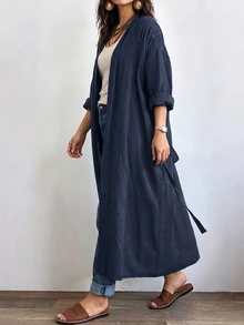 Linhara CURVE 女款長版休閒亞麻外套，適合外出與通勤的休閒外衣 - 藏蓝色 - 查看 5