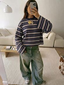SHEIN EZwear 女款休閒圓領寬鬆長袖條紋T恤，街頭風秋季上衣，適合日常通勤、聚會、夏季、聖誕節、新年、感恩節、派對、婚禮、海灘、出遊、約會、情人節，優雅度假Y2K風格 - 彩色 - 查看 3