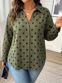 Vionelle 女款橄欖綠單線竹結亞麻波點襯衫領V領前開鈕扣鬆款長袖上衣，優雅休閒辦公通勤法式度假浪漫復古歐風街頭極簡百搭，適合約會下午茶派對聖誕萬聖節感恩節秋冬新款 - 軍綠色 - 查看 3
