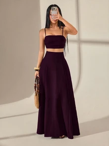 SHEIN PETITE 女款純色短版細肩帶背心上衣與裙子時尚兩件套 - 酒紅色 - 查看 6