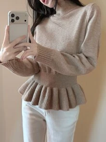 Joudiya Autumn/Winter High Neck Ruffle Hem Waist-Cinching Long Sleeve Knit Slim Fit Elegant Elegant Commute Date Women's Sweater - Camel - View 3