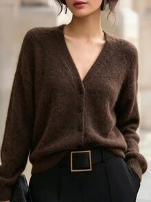 SHEIN Women's Solid Color Dropped Shoulder Long Sleeve Single-Breasted Knit Cardigan - Brown - View 2