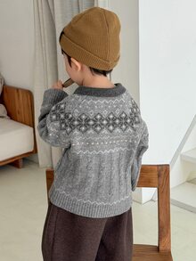 Dazy Kids Áo cardigan cổ bẻ tay dài cho bé trai sơ sinh mùa thu/đông - Xám - Xem 2