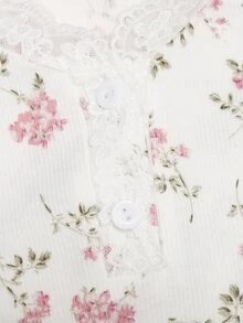 SHEIN Teen Girl Teen Girl Sweet Simple Pink Ditsy Floral V-Neck Half-Open Front Lace Trim Ruffle Long Sleeve Pants Soft Comfortable Loungewear Pajama Set 2pcs - White - View 7