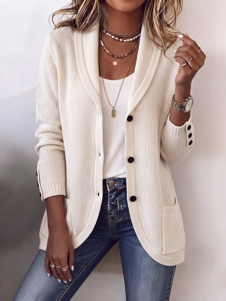 Zayélia Women's Autumn/Winter Solid Color Minimalist Comfortable Button Pocket Cardigan - Apricot - View 1