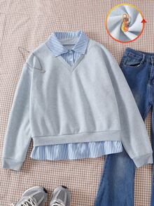 Genkimix Kids 青少年女孩新款休閒 2 合 1 衛衣，1 件，梭織布料粉色領口搭配針織衛衣布料深藍色下擺拼接，長袖兩側飾粉色織帶，正面美式復古數字熱轉印，寬鬆舒適，適合美式復古休閒通勤慵懶風，日常上學、外出、度假、派對，秋冬穿著 - 灰色 - 查看 3