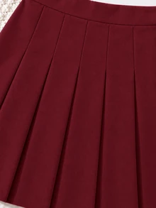SHEIN 女童純色3D蝴蝶結裝飾鬆緊腰百褶裙 - 酒紅色 - 查看 7