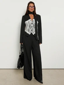 Aloruh Women's Lace Patchwork Long Sleeve Jacket And Pants Suit Set,Autumn,Winter - Black - View 8