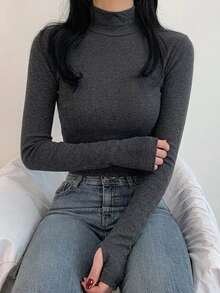 DAZY 女款長袖高領修身百搭休閒T恤 - 灰色 - 查看 4