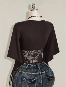 SHEIN ICON 女款蕾絲拼接V領修身百搭T恤 - 棕色 - 查看 11