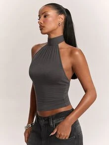 SHEIN BAE 95% Cotton Women's Casual Sexy Backless Tank Top - Dark Grey - View 6