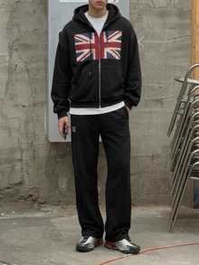 DAZY Autumn/Winter Thermal-Lined Black Flag Pattern Letter Print Men's Hoodie Sweatshirt Set With Elastic Waist Straight Leg Sweatpants - Black - View 5
