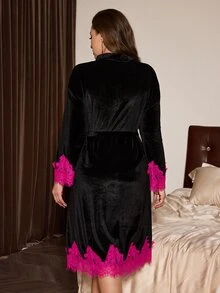 Slumberist Black Velvet Patchwork Rose Red Lace Drop Shoulder Long Sleeve Mid-Length Women's Robe - Black - View 2