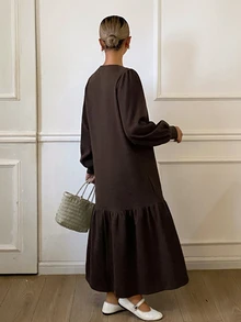 DAZY Autumn/Winter Round Neck Deep Coffee Color Petal Sleeve Loose A-Line Skirt Simple Elegant Commute Daily Women's Mid-Length Dress - Coffee Brown - View 2