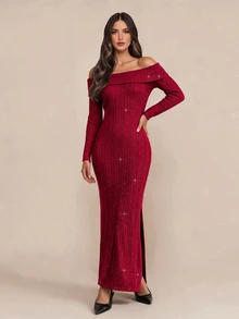 Amorya Women's Off-Shoulder Long Sleeve Sweater Dress - Red - View 7
