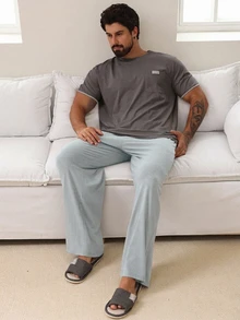 DAZY Summer Solid Color Patchwork T-Shirt & Men's Loungewear Set - Grey - View 3