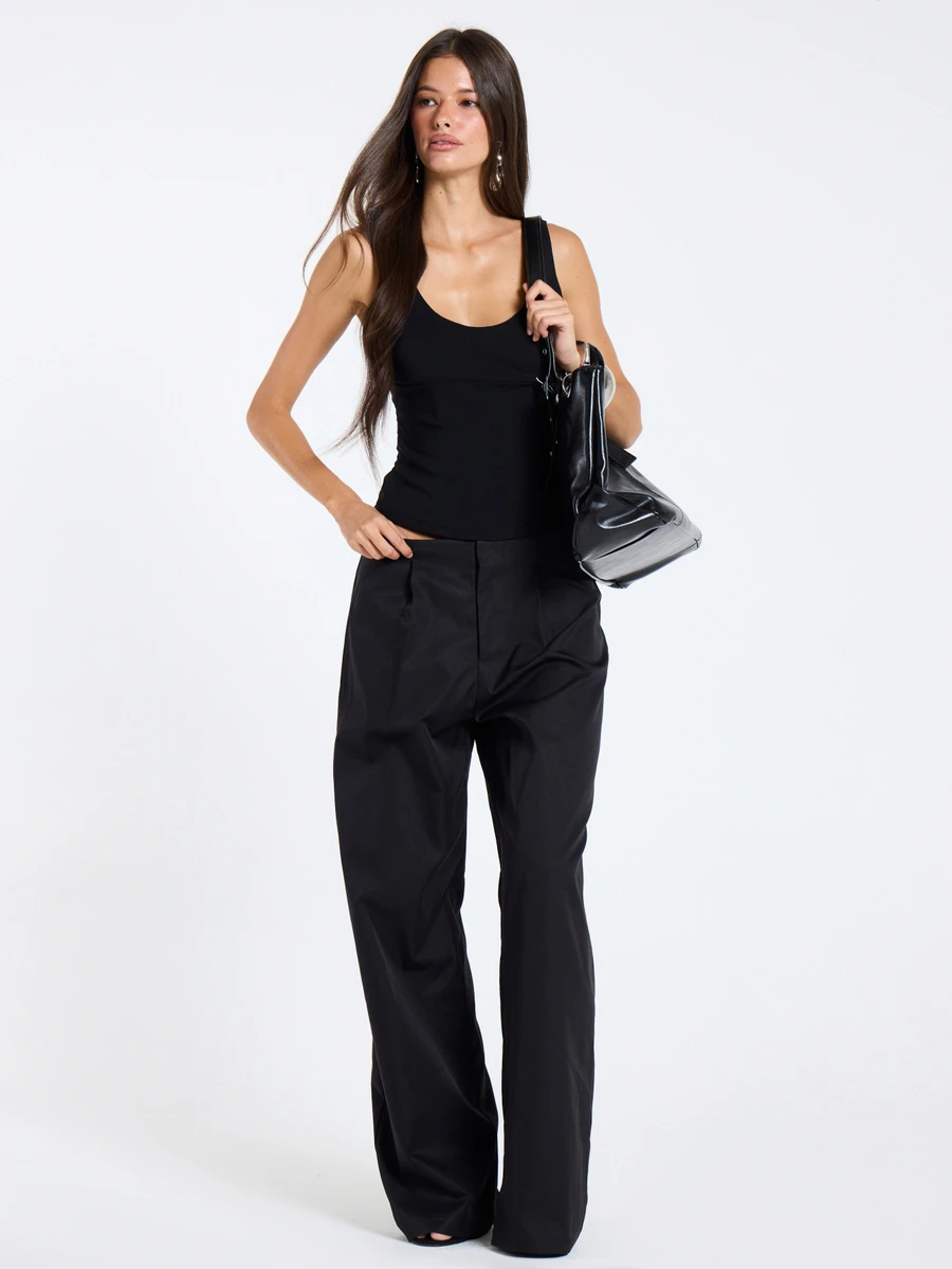 MUSERA Black Low Rise Pleated Trousers Fall Winter Women Outfit Casual - Black - View 1