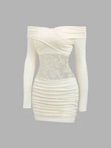 Sweetra European And American Style Off-Shoulder Long Sleeve Knit Lace Patchwork Bodycon Dress For Women - Apricot - View 1