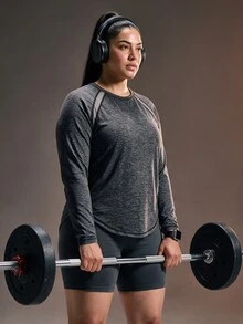 Powerista تي شيرت نسائي مقاس كبير بتصميم ألوان متباينة كاجوال للاستخدام اليومي والسفر والرياضة - رمادي غامق - مشاهدة 7