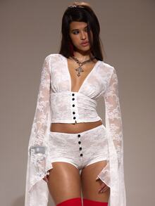 MUSERA White Lace Button Detail Micro Mini Short Fall Winter Halloween Angel Going Out Lost Whispers - Apricot - View 6