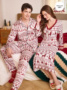 CoupledUp طقم بيجامة رجالي بأسلوب عيد الميلاد، كارديجان بياقة، قصة فضفاضة، طباعة الغزلان وندفات الثلج، ملابس منزلية - الأحمر - مشاهدة 1