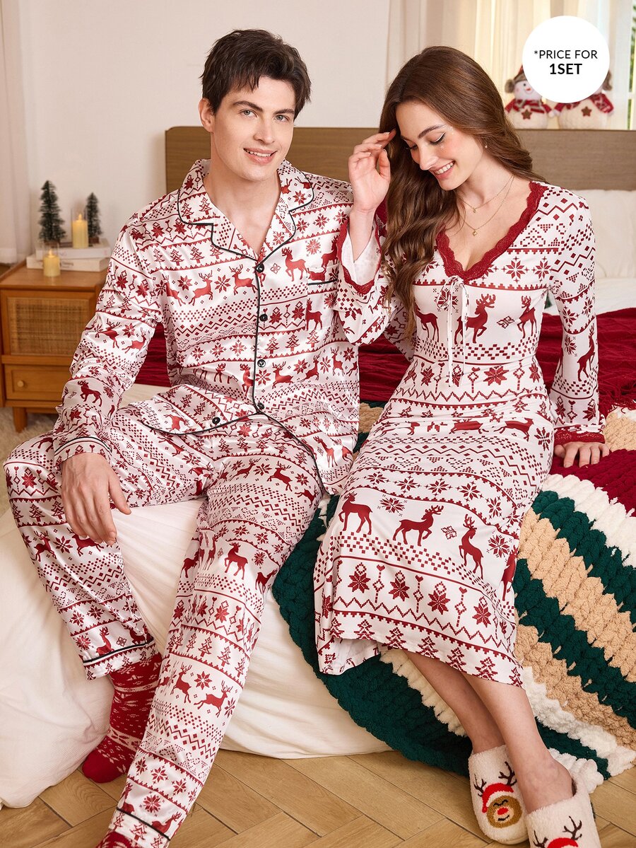 CoupledUp طقم بيجامة رجالي بأسلوب عيد الميلاد، كارديجان بياقة، قصة فضفاضة، طباعة الغزلان وندفات الثلج، ملابس منزلية - الأحمر - مشاهدة 1