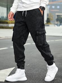 EGENSIO Plus Size Men's Drawstring Waist Casual Daily Wear Cargo Denim Jeans - Black - View 1